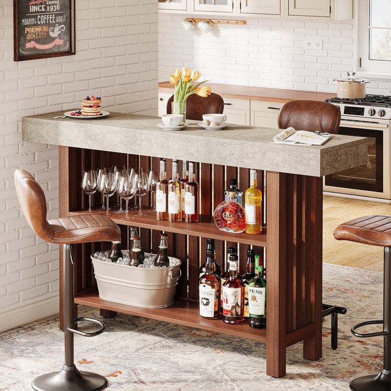 Two-Tier Home Bar Unit Rustic Brown with Stone-Like Top Slat Panel