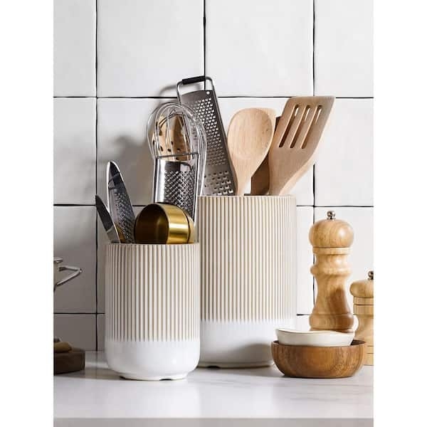 Two-Tone Ceramic Utensil Holder, Vertical Fluted Ribbing