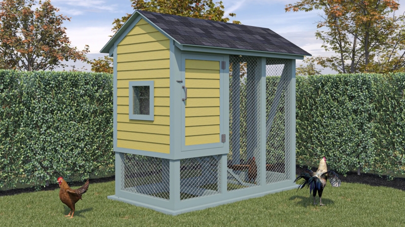 Two-Tone Chicken Coop Design with Pale Yellow and Blue-Grey Finish