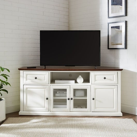 Two-Tone Corner Media Console with Glass Front Doors
