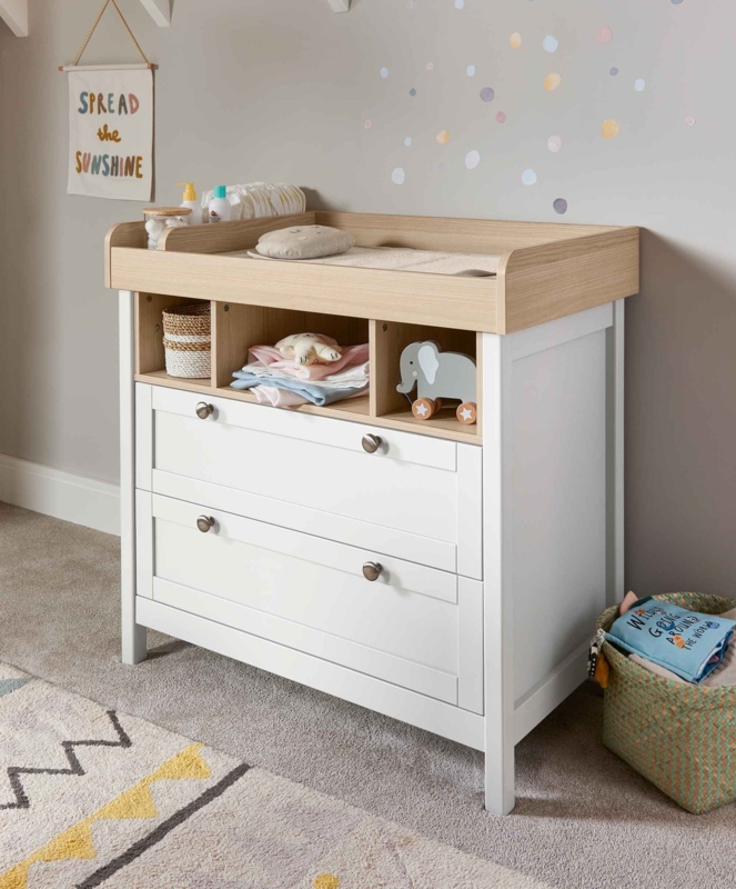 Two-Tone Nursery Dresser: Open Cubby Storage, Wide Drawers, Scandi Style.