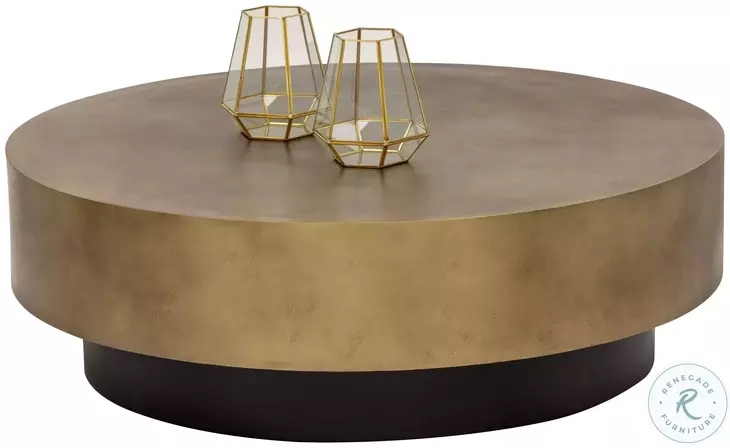 Two-Tone Round Coffee Table Antique Brass Recessed Black Base
