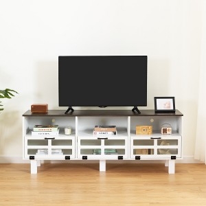 Two Tone TV Locker: White and Espresso, Glass Pane Flip Drawers.