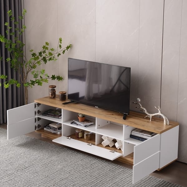Two-Tone TV Stand with Handleless Design, Flip-Down Door Cabinet.