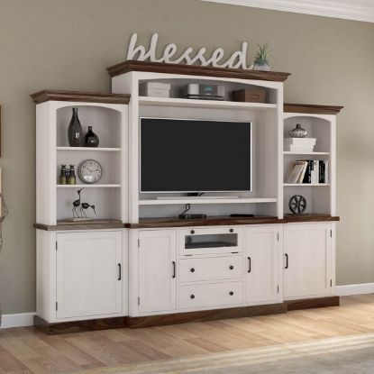 Two-Tone White and Brown Entertainment Center Arched Shelving