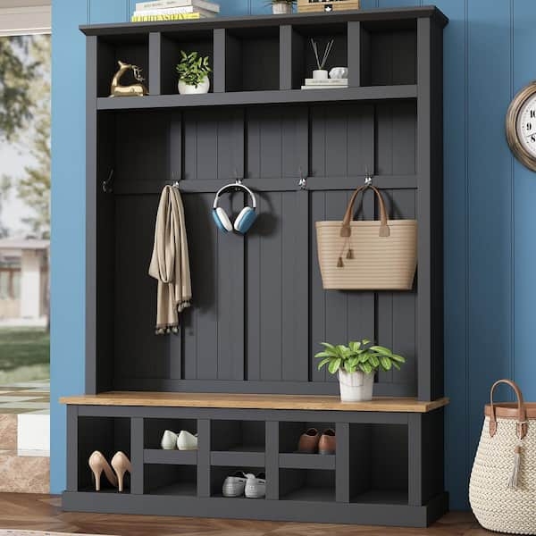 Two-Toned Hall Tree with Wood Bench and Lower Shoe Storage Cubbies
