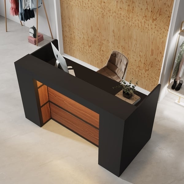 U-Shaped Reception Desk, Matte Black Frame, LED Accent Lighting