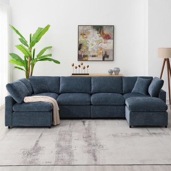 U-Shaped Sectional in Textured Navy Upholstery