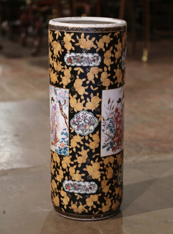 Umbrella Stand Black Gold Foliate Gilt Famille Rose Entryway Decor