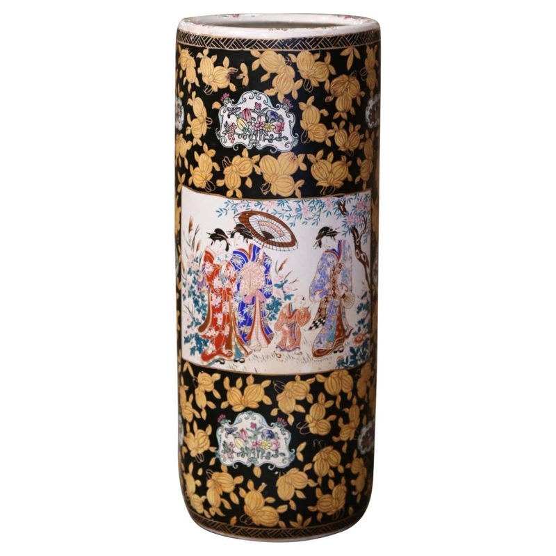 Umbrella Stand Black Noir Ground Gold Leaf Pattern Famille Rose