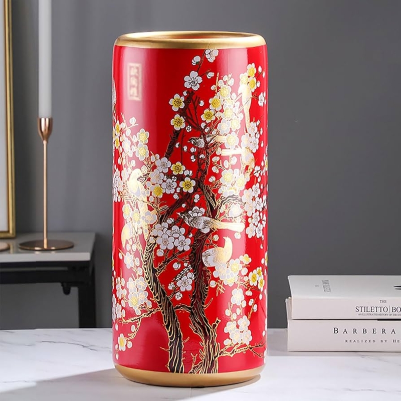 Umbrella Stand Crimson Red Finish Floral Motif Gold Rims