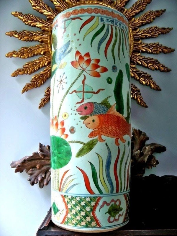 Umbrella Stand Fish Motif Lotus Pattern Mint Green Entryway Accent