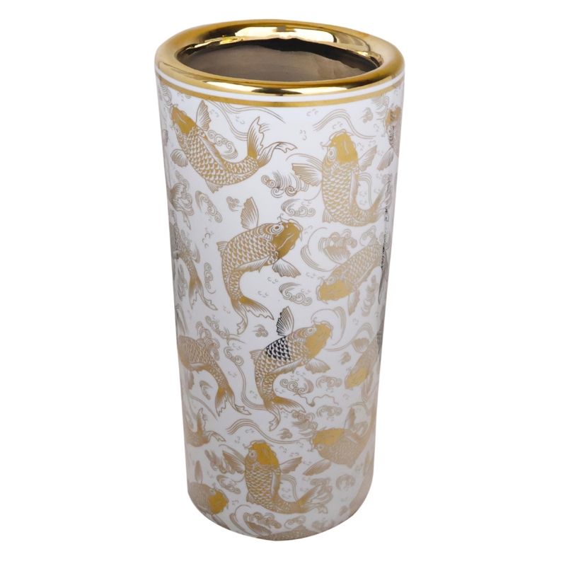 Umbrella Stand Goldfish Motif Wide Gold Rim Metallic Koi Fish Vessel