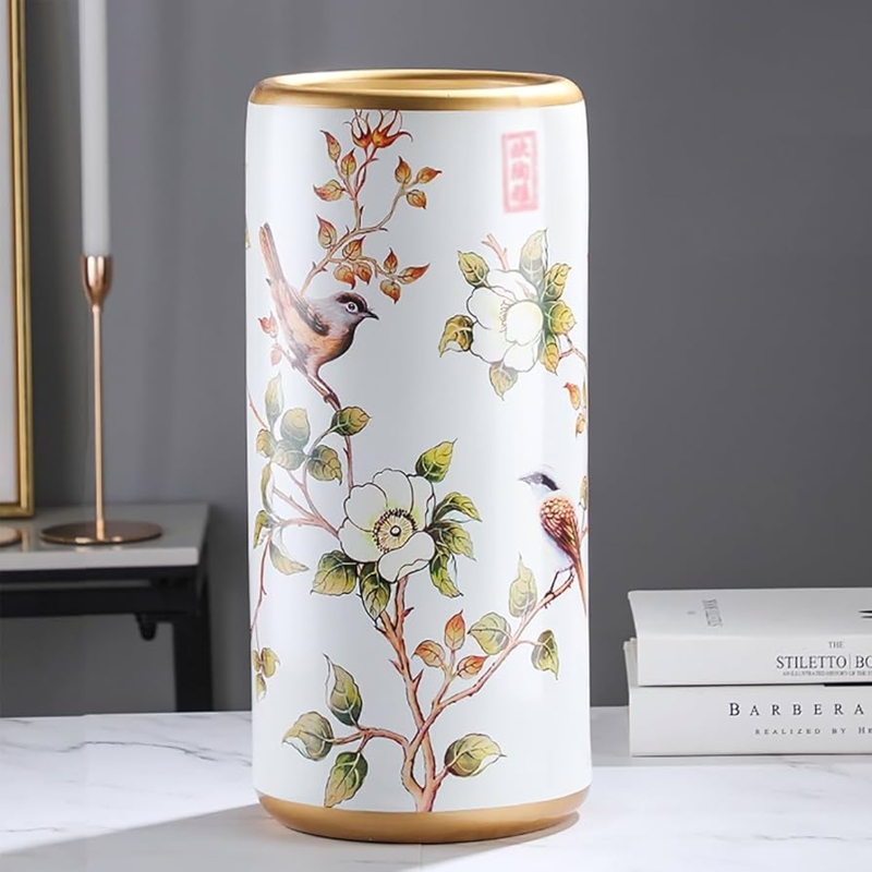 Umbrella Stand Hand Painted Bird Motif Gold Rimmed Floor Stand