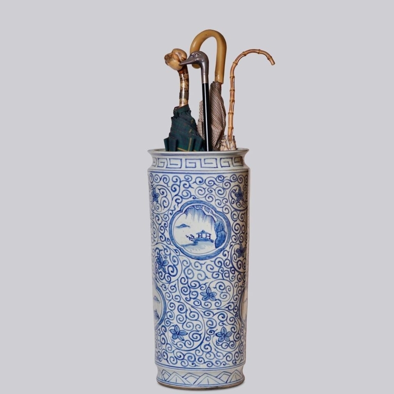 Umbrella Stand Landscape Medallion X Large Scale Floral Scroll Pattern