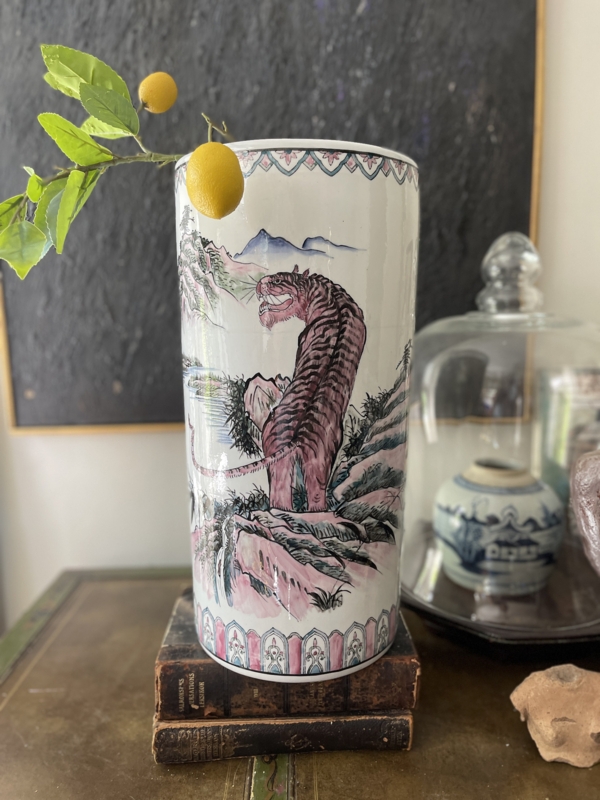 Umbrella Stand Pink Tiger Motif Asian Landscape Eclectic Accent