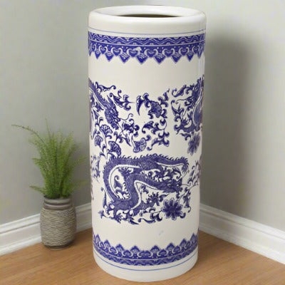 Umbrella Stand Rolled Top Rim Floral Scrollwork Chinese Dragon Stand