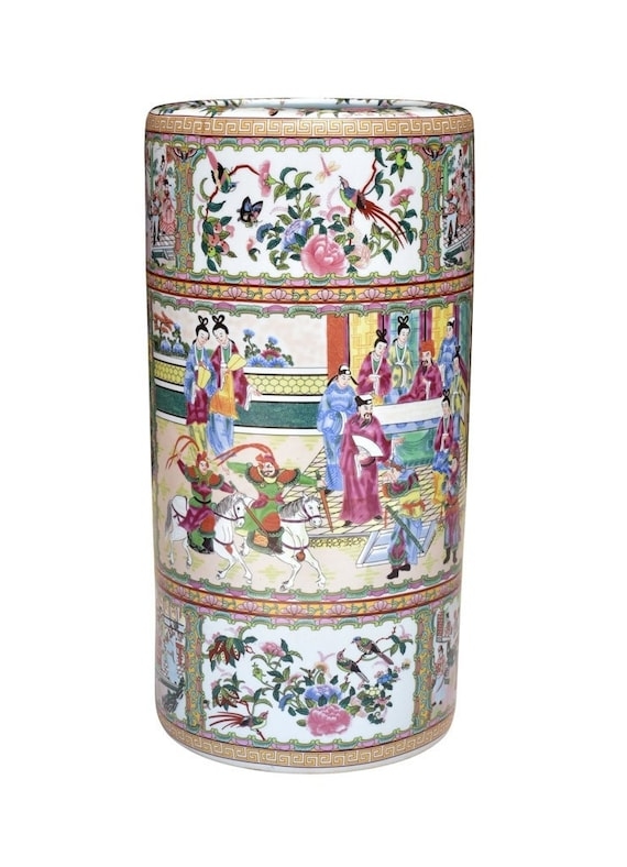 Umbrella Stand Rose Canton Narrative Scenes Hand Painted Porcelain