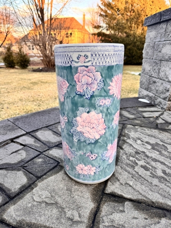 Umbrella Stand Sage Green Mottled Glaze Pink Peony Pattern