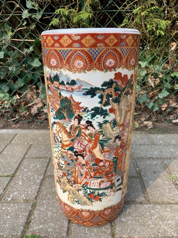 Umbrella Stand Terracotta Red Figurative Landscape Gilded Accents