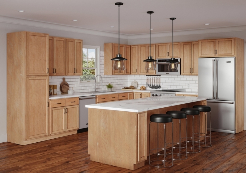 Unfinished Wood Kitchen Cabinets with Industrial Pendant Lights