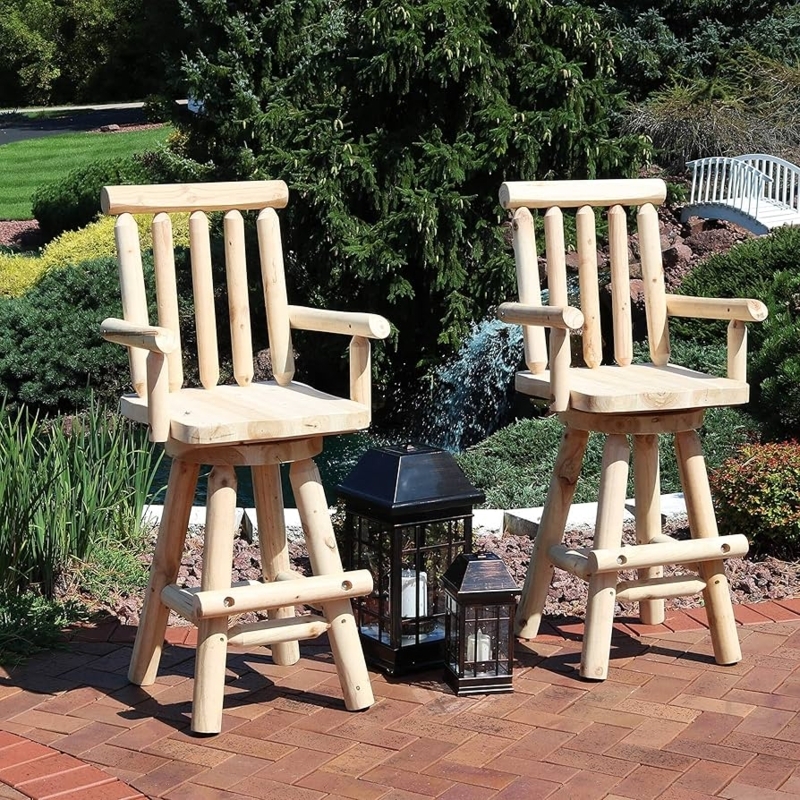 Unfinished Wood Patio Seating Log Swivel Stool with Vertical Slats
