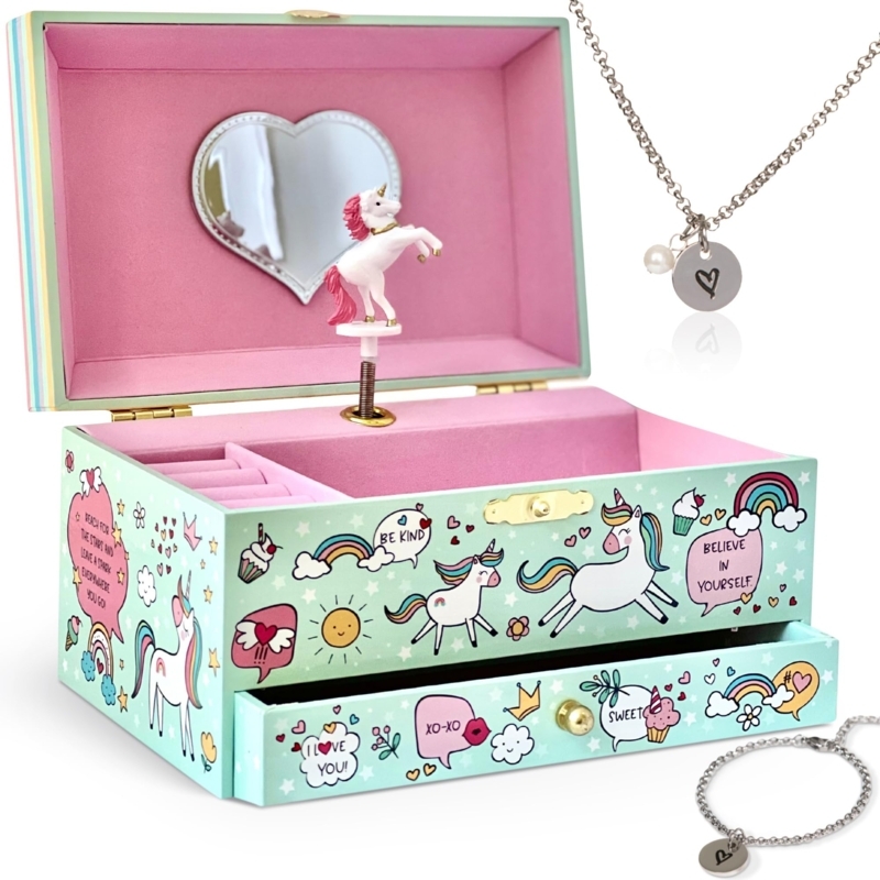 Unicorn Musical Jewelry Box in Mint Green with Heart Mirror