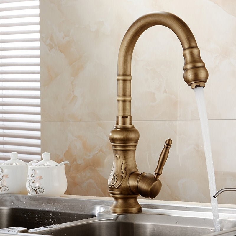 Unlacquered Antique Brass Kitchen Faucet with Engraved Floral Base