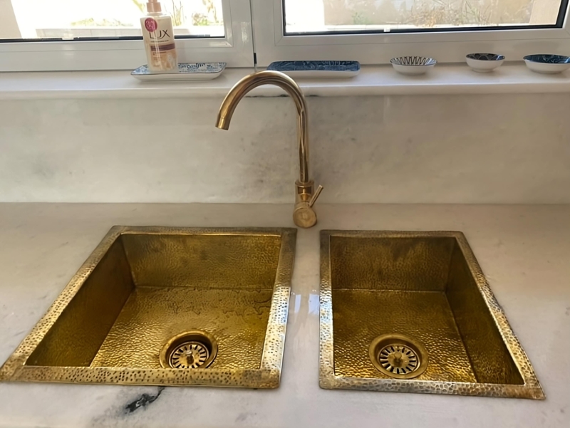 Unlacquered Brass Double Basin Sink, Hammered Drop-In Design
