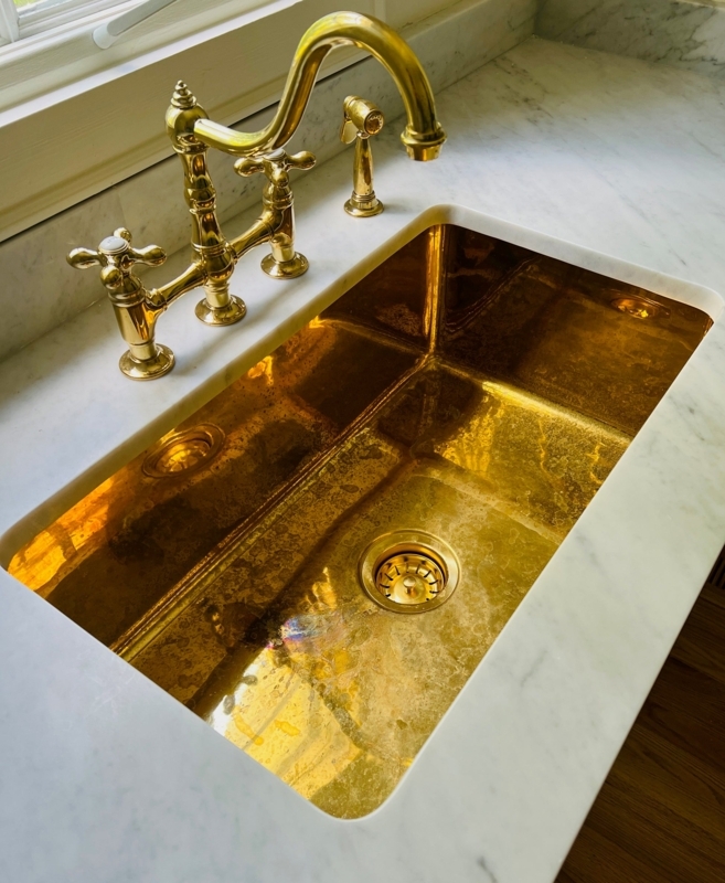 Unlacquered Brass Kitchen Sink with Bridge Faucet and Side Sprayer