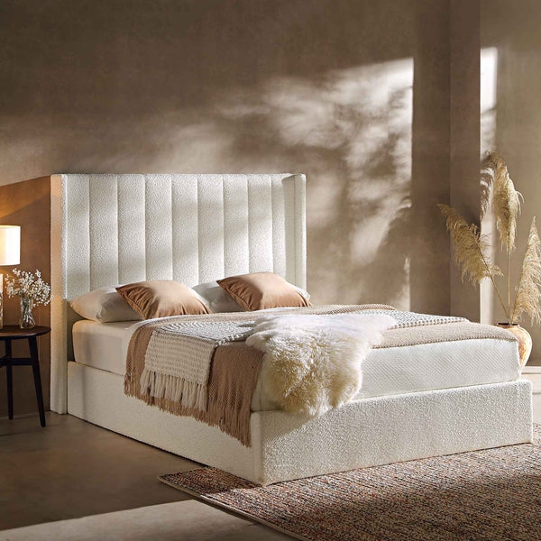 Upholstered Bed: Creamy White Boucle Fabric with Wingback Sides