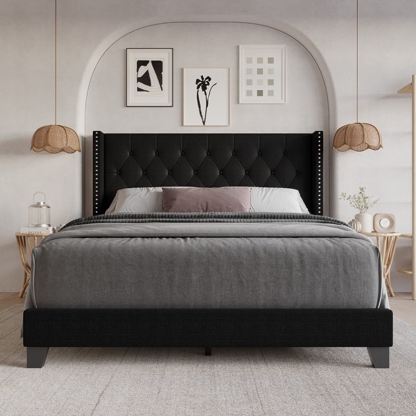 Upholstered Bed Wingback Nailhead Trim Diamond Tufting Classic