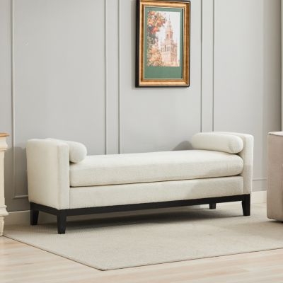 Upholstered Bench Daybed in Ivory Boucle with Bolster Pillows