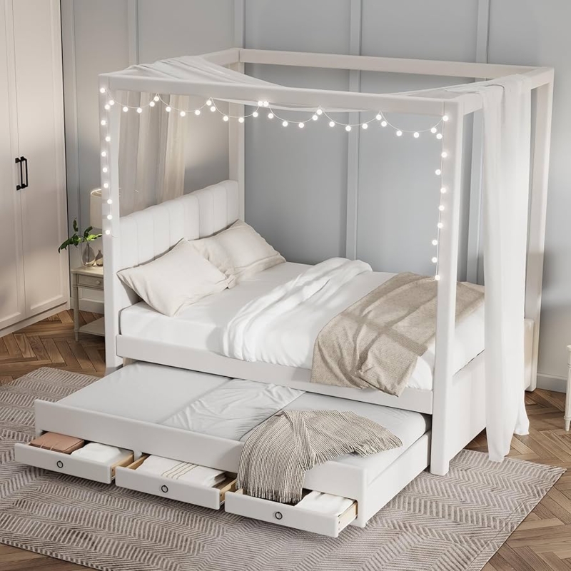 Upholstered Canopy Bed White Frame with Trundle and Channel Tufting