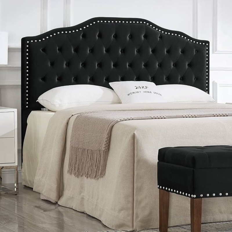 Upholstered Headboard Arched Silhouette Silver Nailhead Velvet Like