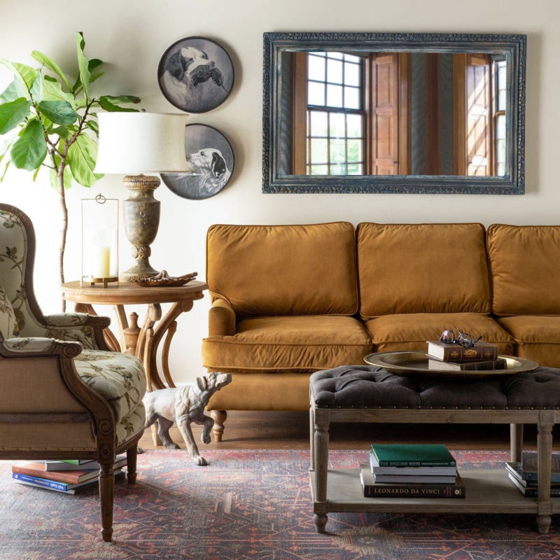 Upholstered Sofa in Mustard Velvet with Turned Legs