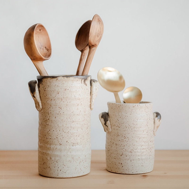 Utensil Crock, Ribbed Oatmeal Stoneware with Dark Drip Tabs