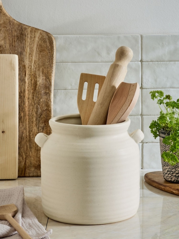 Utensil Crock Ribbed Texture Matte Creamy White Stoneware Pot