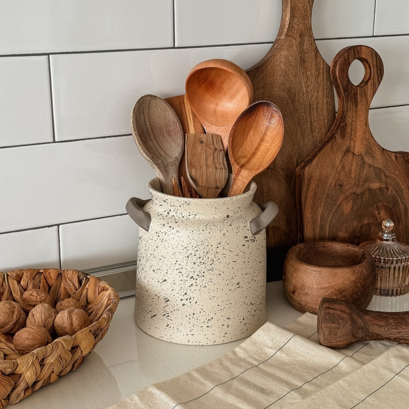Utensil Crock Side Handles Speckled Finish Nordic Ceramic Vase