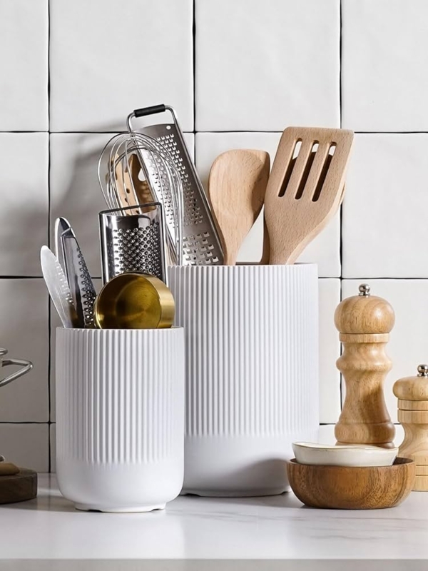 Utensil Crock Staggered Heights Set White Fluted Ceramic Minimalist
