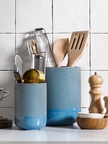 Utensil Holder Coastal Modern Ocean Blue Two Tone Set Ceramic