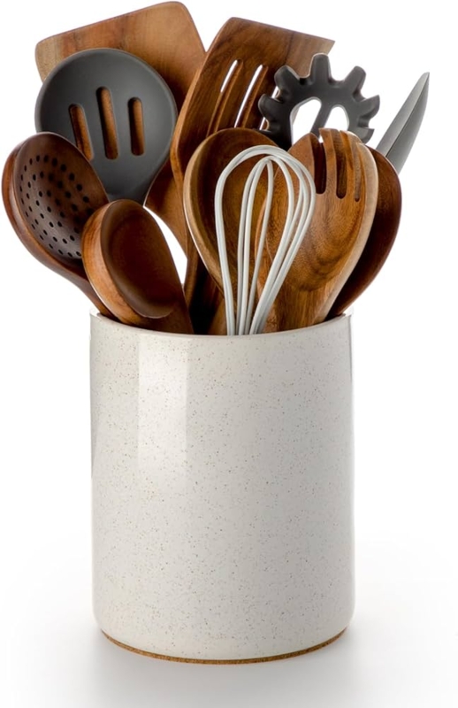 Utensil Holder Cork Bottom Protection Speckled Sand Stoneware