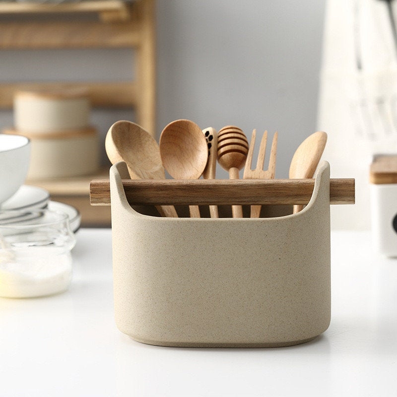 Utensil Holder Cylindrical Wooden Handle Speckled Matte Beige Japandi