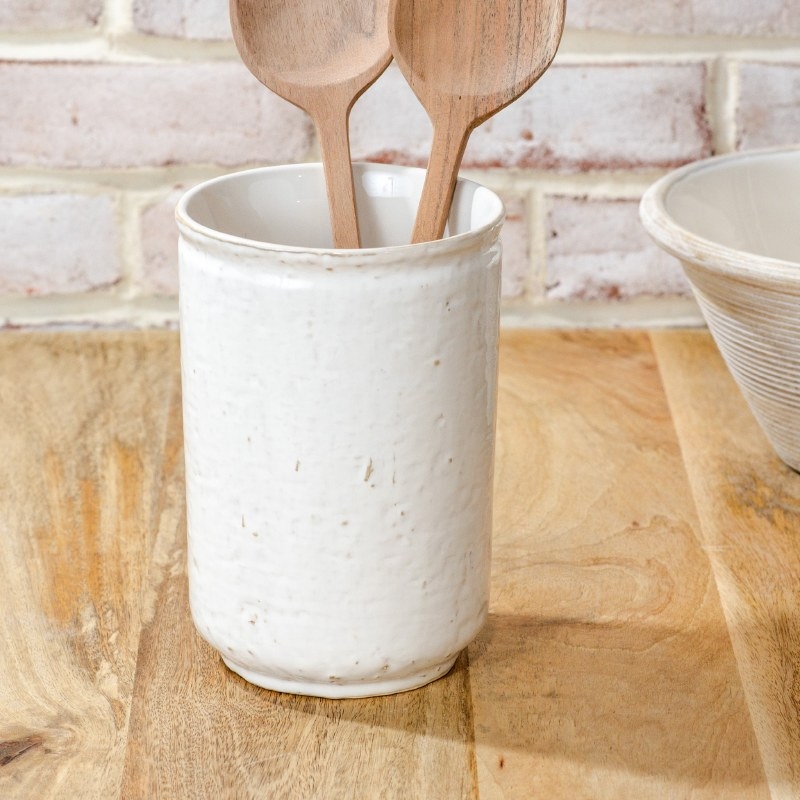 Utensil Holder Dimpled Surface Creamy White Artisanal Texture Farmhouse