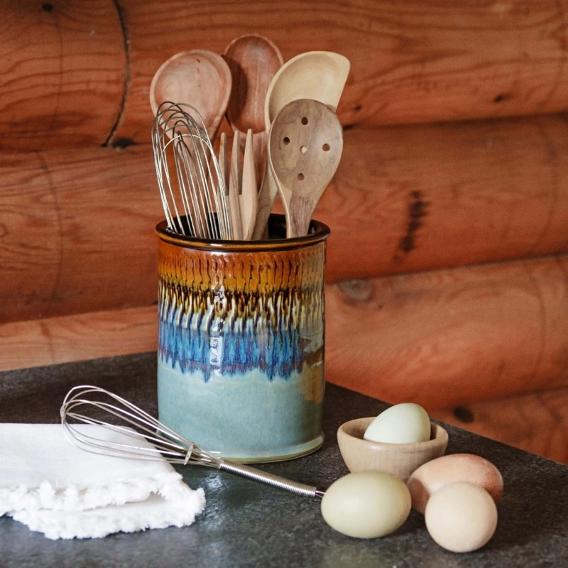 Utensil Holder Drip Glaze Pattern Seafoam Blue Rustic Artisanal