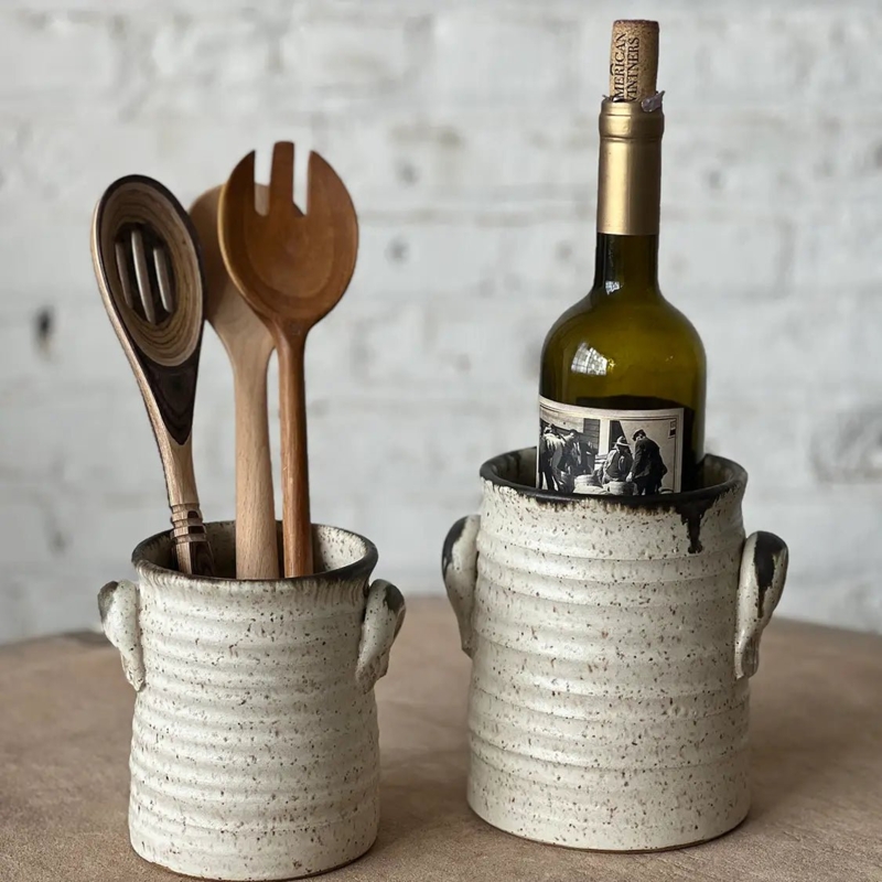 Utensil Holder Ear Handles Ribbed Texture Speckled Sand Glaze Farmhouse