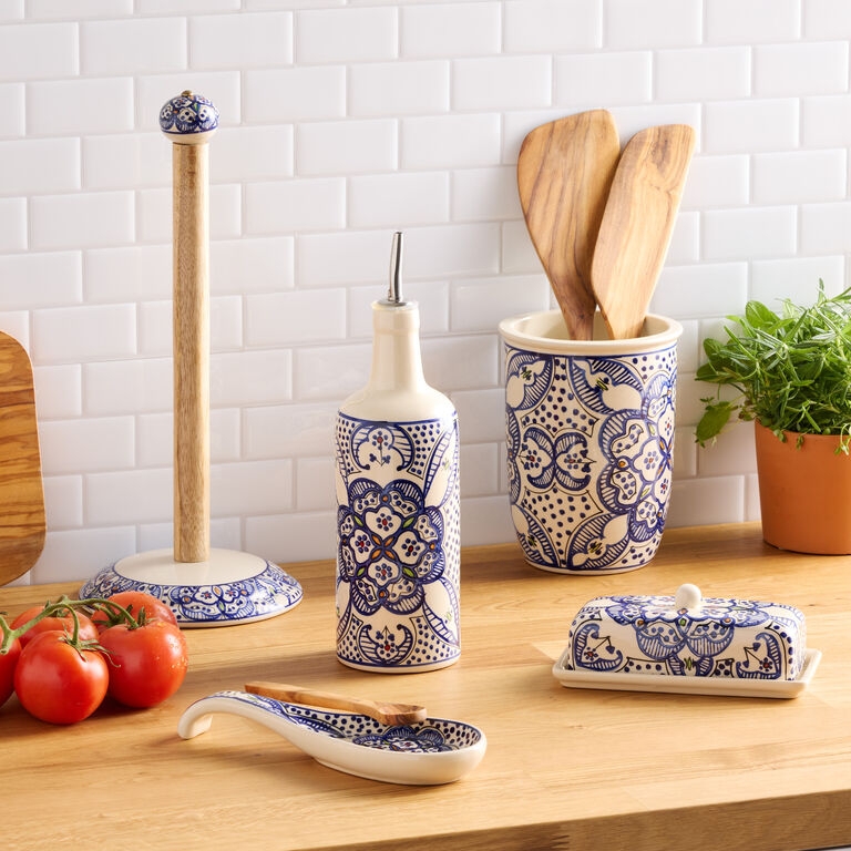 Utensil Holder Floral Mandala Pattern Blue White Ceramic Global Style