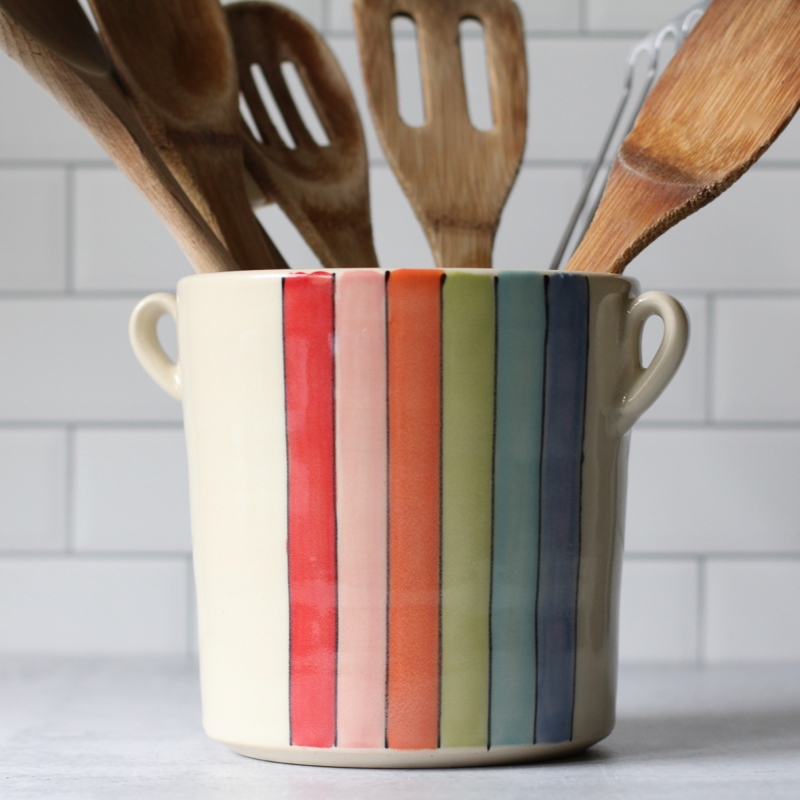 Utensil Holder Hand Painted Rainbow Stripes Glossy Extra Large Crock