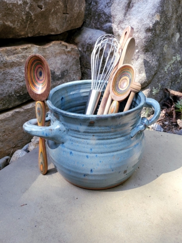 Utensil Holder Hand Thrown Blue Glaze Artisanal Stoneware Crock