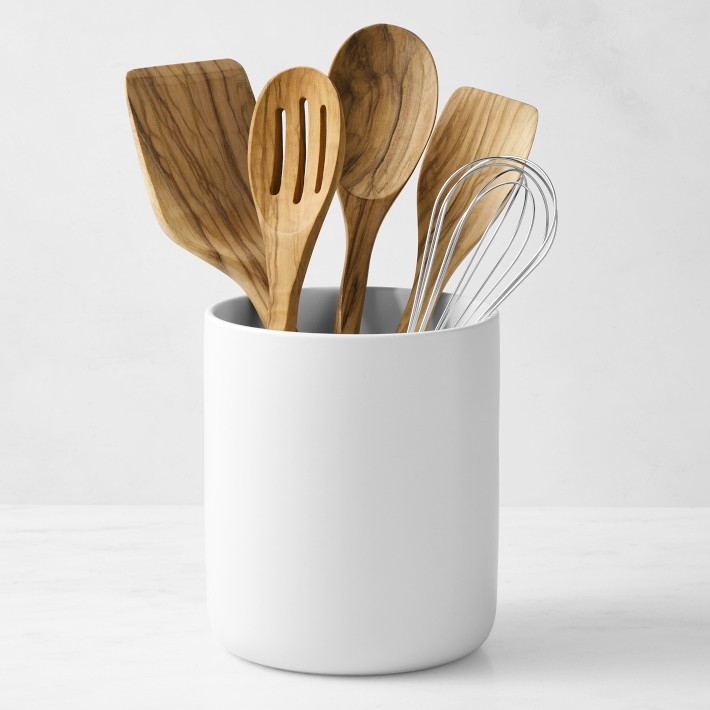 Utensil Holder Matte White Ceramic Cylindrical Form Minimalist